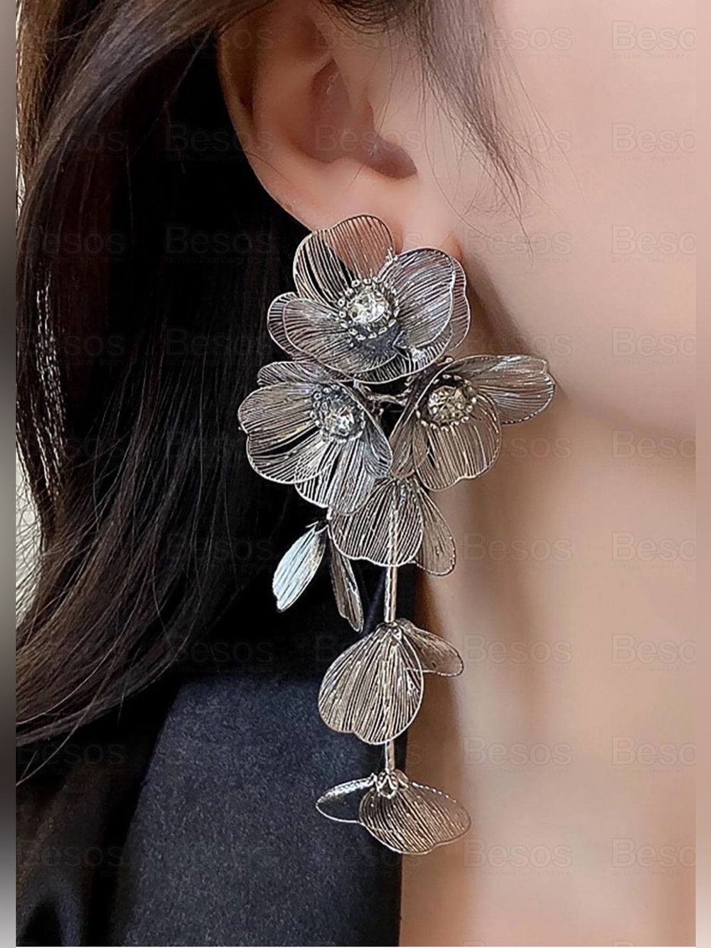 Zara Silver Floral Dangle Statement Earrings